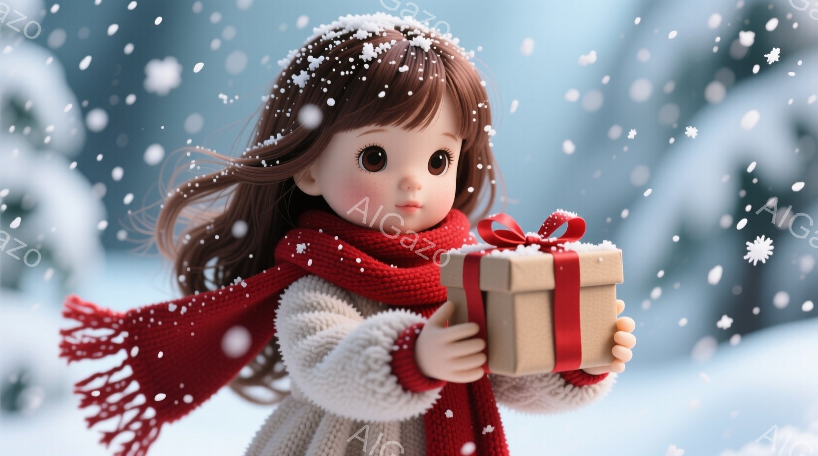茶髪の少女が白いセーターと赤いマフラーを身につけ、両手で包まれたプレゼントを抱えています。背景は雪が降り積もる冬の森で、ぼやけた木々と白い風景が広がっています。全体的に、温かく穏やかな冬の雰囲気が漂い - AI生成フリー素材