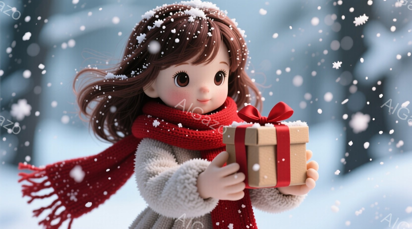 茶髪の少女が白いふわふわのセーターと赤いニットのショールで暖かく包まれており、大きな瞳と穏やかな表情をしています。彼女は両手でプレゼントの箱を抱えており、箱には赤いリボンがかかっています。背景は雪景色で、ぼやけた木々が見え、全体的に暖かく穏やかな冬の雰囲気が漂っています。