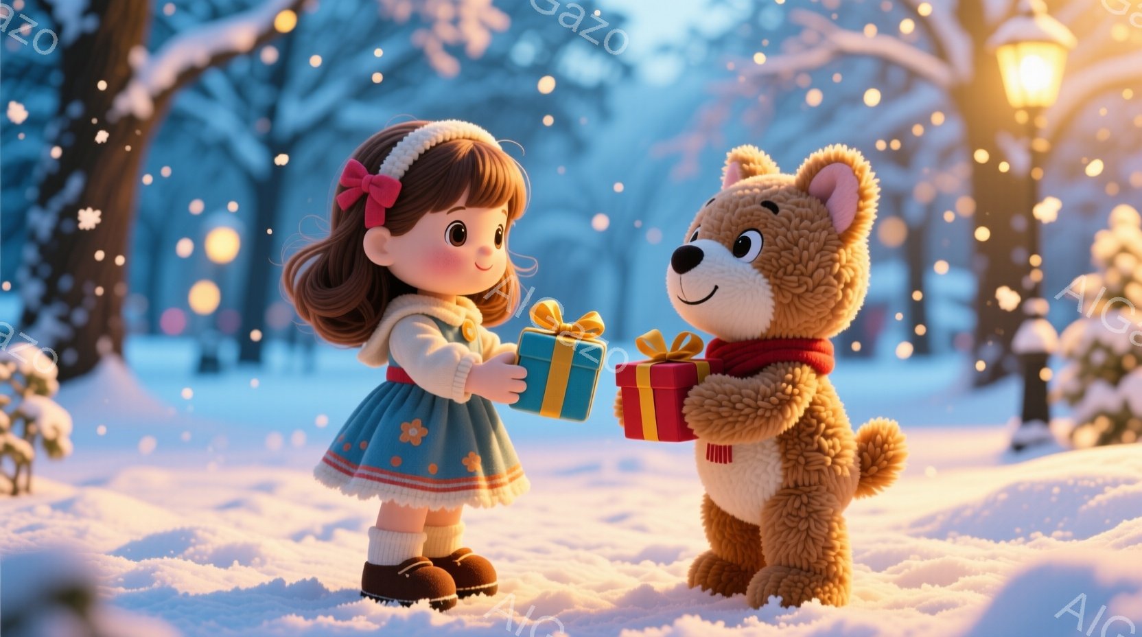 雪景色の中で、茶色の巻き毛の少女が水色のワンピースと茶色の靴を履き、赤いリボンで髪を結んでいます。彼女は左手に青いリボンで結ばれたプレゼントを抱え、笑顔で茶色のテディベアにプレゼントを渡そうとしています。背景には雪に覆われた木々と、遠くに見える建物があり、暖かく穏やかなクリスマスの雰囲気が漂っています。