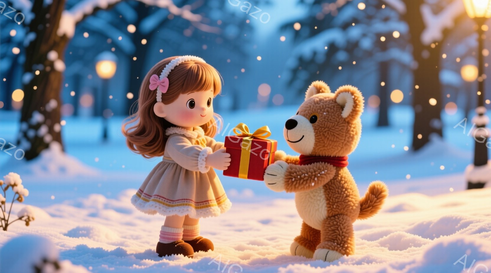 雪が降る冬の日に、可愛らしい女の子とテディベアがプレゼント交換をしている様子が描かれています。女の子はクリーム色のワンピースに赤いリボンをつけ、茶色の髪を肩まで伸ばしています。背景には雪で覆われた木々と、ぼんやりとした街灯が見え、温かく穏やかな雰囲気が漂っています。