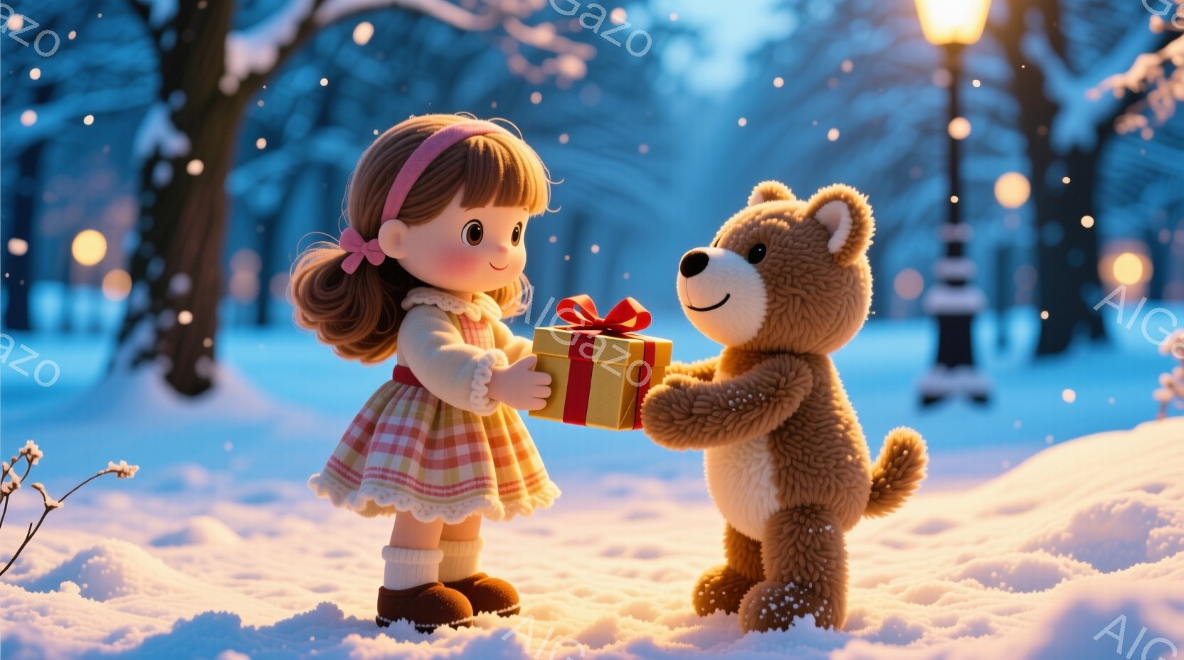 雪景色の中で、赤いリボンで結んだプレゼントを可愛らしい女の子が大きなテディベアに手渡そうとしています。女の子はピンクの髪をツインテールにし、赤と白のチェックのワンピースと茶色の靴を履いています。背景に - AI生成フリー素材