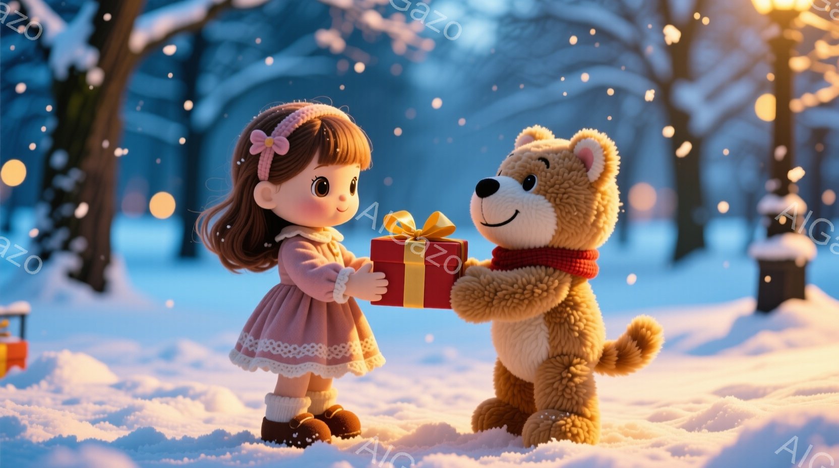 小さな女の子は、ピンク色の縁飾りのついたドレスと、茶色のブーツを履いています。彼女は明るい茶色の巻き毛で、前髪にはリボンをつけています。彼女は笑顔で、大きな赤いリボンで飾られたプレゼントを大きなテディ - AI生成フリー素材