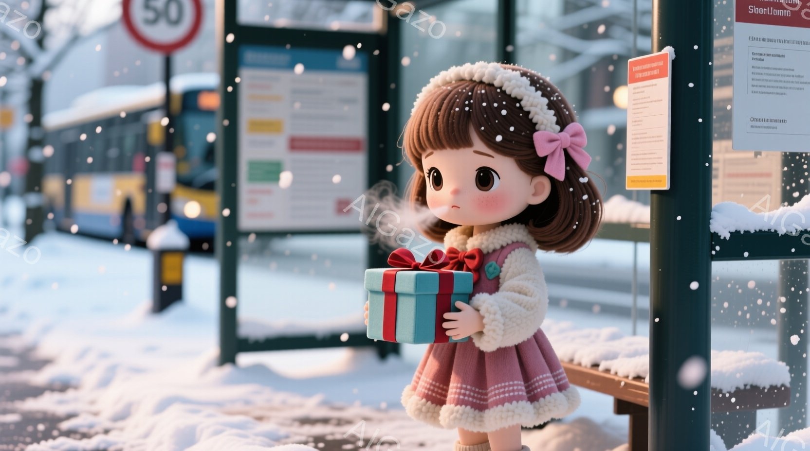 粉色のドレスに白い毛皮のトリミングが施された少女が、青いリボンで結ばれたプレゼントを抱えています。彼女は巻き毛の髪で、大きな瞳が特徴的です。背景は雪が舞うバス停で、建物や道路、そして雪景色がぼやけて見え、冬の穏やかな雰囲気を醸し出しています。