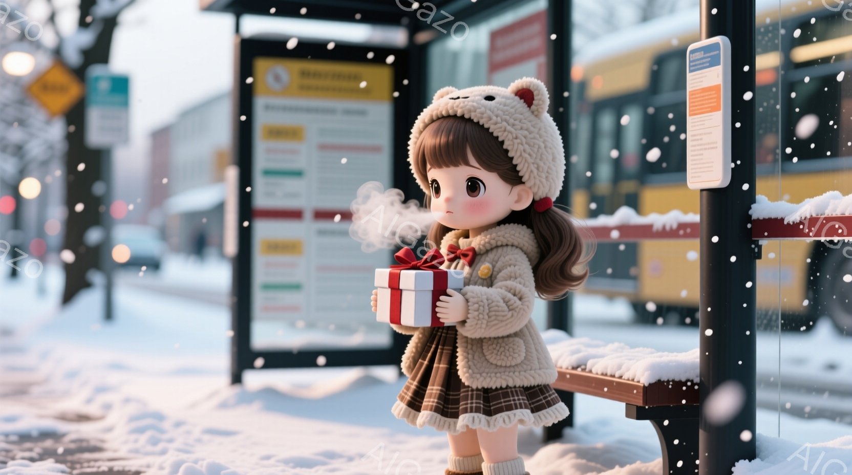 画像は雪が降るバス停に立つ、可愛らしい女の子を描いています。 クリーム色のふわふわした帽子とコート、チェック柄のスカート、そして白い靴を履いており、手に赤いリボンで飾られたプレゼントの箱を持っています。 背景には雪景色が広がり、ぼんやりと建物やバスが見え、全体的に暖かく、優しい雰囲気が漂っています。