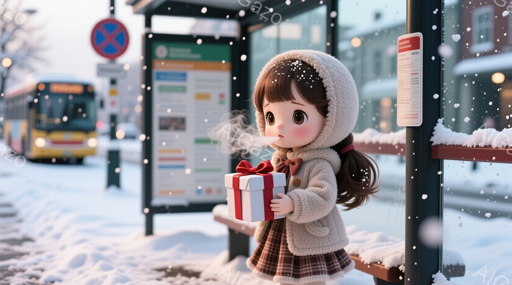 雪が降る冬のバス停で、小さな女の子がプレゼントの箱を抱きしめて立っています。彼女はクリーム色の帽子と、チェック柄のスカートを合わせたセーターを着ており、暖かくおしゃれです。背景にはバスと建物が見え、雪景色が静かで穏やかな雰囲気を醸し出しています。