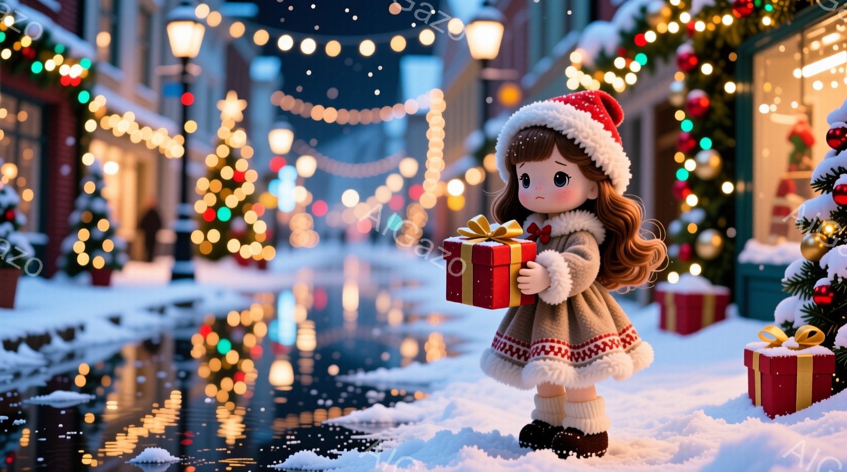 クリスマスの飾り付けがされた街並みに立つ少女を描いています。彼女は灰色のコートに白いトリミング、赤い帽子をかぶり、両手で赤いギフトボックスを抱えています。背景には、光り輝くクリスマスツリーや、雪で覆われた建物、そしてぼんやりとした街灯が暖かく、夢のような雰囲気を醸し出しています。
