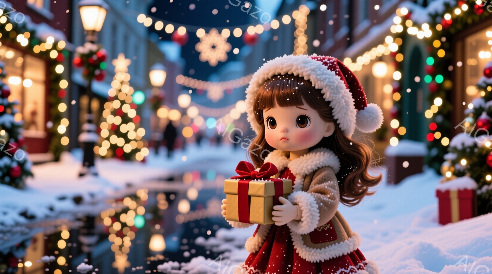少女は赤い帽子と茶色のコートを着て、小さなプレゼントの箱を抱えています。背景には、雪で覆われた通りと、きらめくクリスマスライトで飾られた建物が見え、幻想的な冬の雰囲気を醸し出しています。彼女は少しうつ - AI生成フリー素材