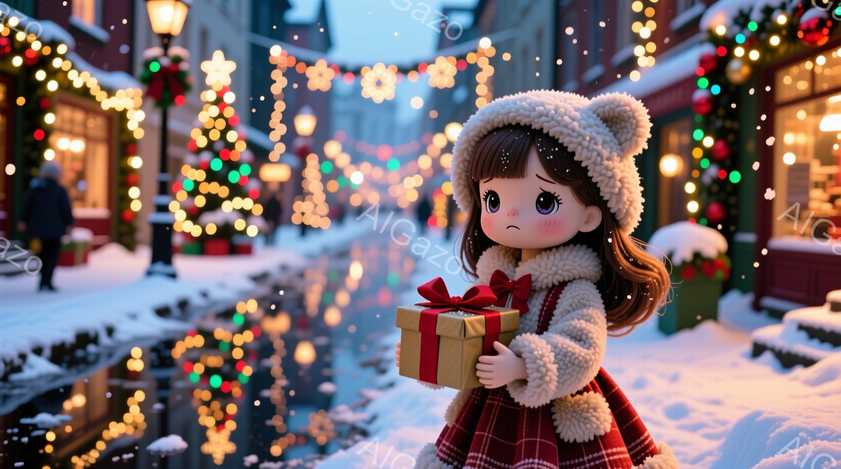 少女はチェック柄の赤いスカートと白いふわふわのコートを着て、頭には同じ素材の帽子をかぶっています。彼女は少し悲しそうな表情で、両手でリボンのかかったプレゼントの箱を抱えています。背景には雪が降る街並みが見え、建物はキラキラと輝くイルミネーションで飾られ、暖かく幻想的な雰囲気を作り出しています。