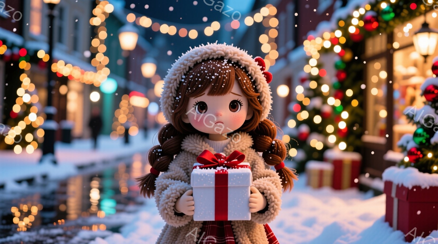 明るい笑顔の少女が、赤いリボンのかかった白いプレゼントボックスを両手で抱えています。彼女は赤と白のチェックの襟が付いたふわふわのクリーム色のコートを着て、髪は二つに結ばれており、頭にはふわふわの帽子を - AI生成フリー素材
