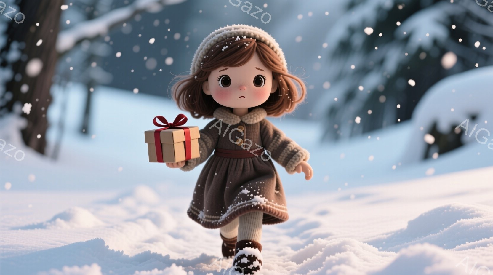 茶色の短い髪に赤いリボンをつけた女の子が、冬の雪景色の中を歩いている。彼女は毛皮の縁取りが付いた茶色のコートとニット帽を身につけ、手には赤いリボンで結ばれたギフトボックスを持っている。背景には雪で覆わ - AI生成フリー素材