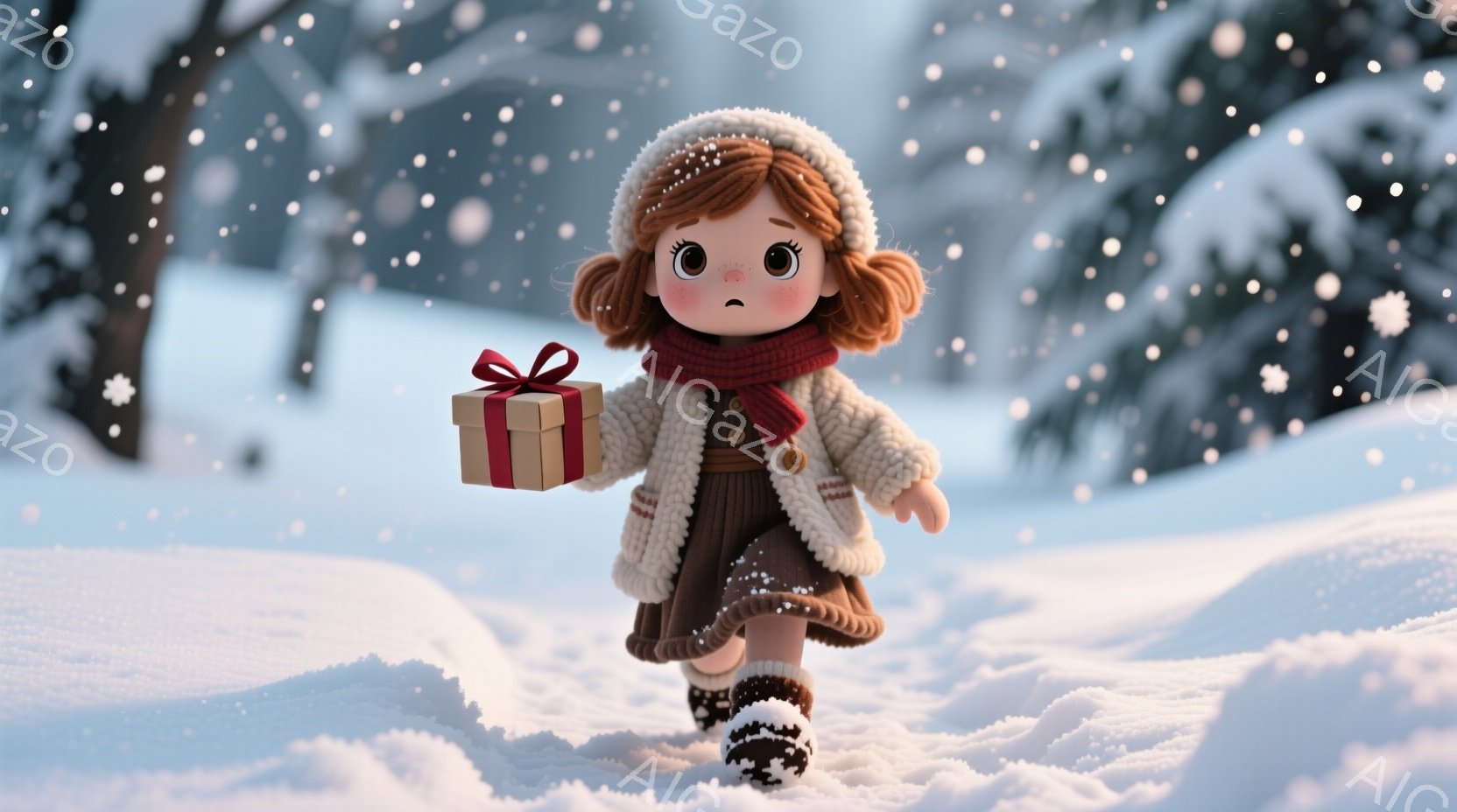 明るい茶色の巻き毛に、クリーム色の帽子とマフラーを巻き、冬の衣装をまとった少女が描かれています。彼女は小さなギフトボックスを抱え、雪に覆われた風景の中を嬉しそうに歩いています。背景には雪で覆われた木々があり、全体的に暖かく、お祝いムードに満ちた冬の雰囲気です。