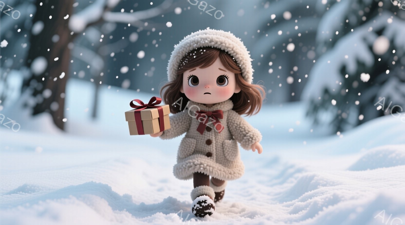 茶色の髪をゆるく巻いた少女が、白いもこもこのコートと帽子、赤いリボンを身につけて雪の中を歩いている。彼女は手に小さなギフトボックスを持っており、少し不安そうな表情をしている。背景は雪に覆われた森で、穏やかで冬らしい雰囲気が漂っている。