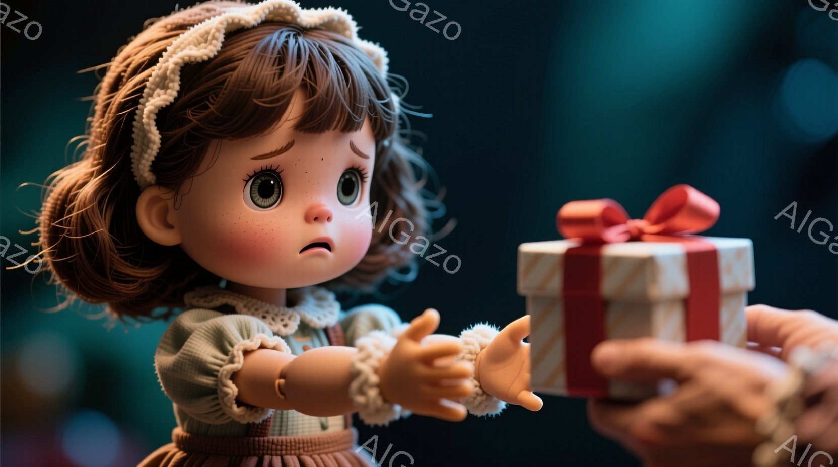 小さな女の子の人形が、赤いリボンで飾られた白いギフトボックスを受け取ろうと手を伸ばしています。彼女はカールした茶色の髪で、額には白いヘッドバンドが飾られており、大きな瞳と少し悲しげな表情をしています。背景は暗く、ぼやけており、人形とギフトボックスに焦点が当てられています。