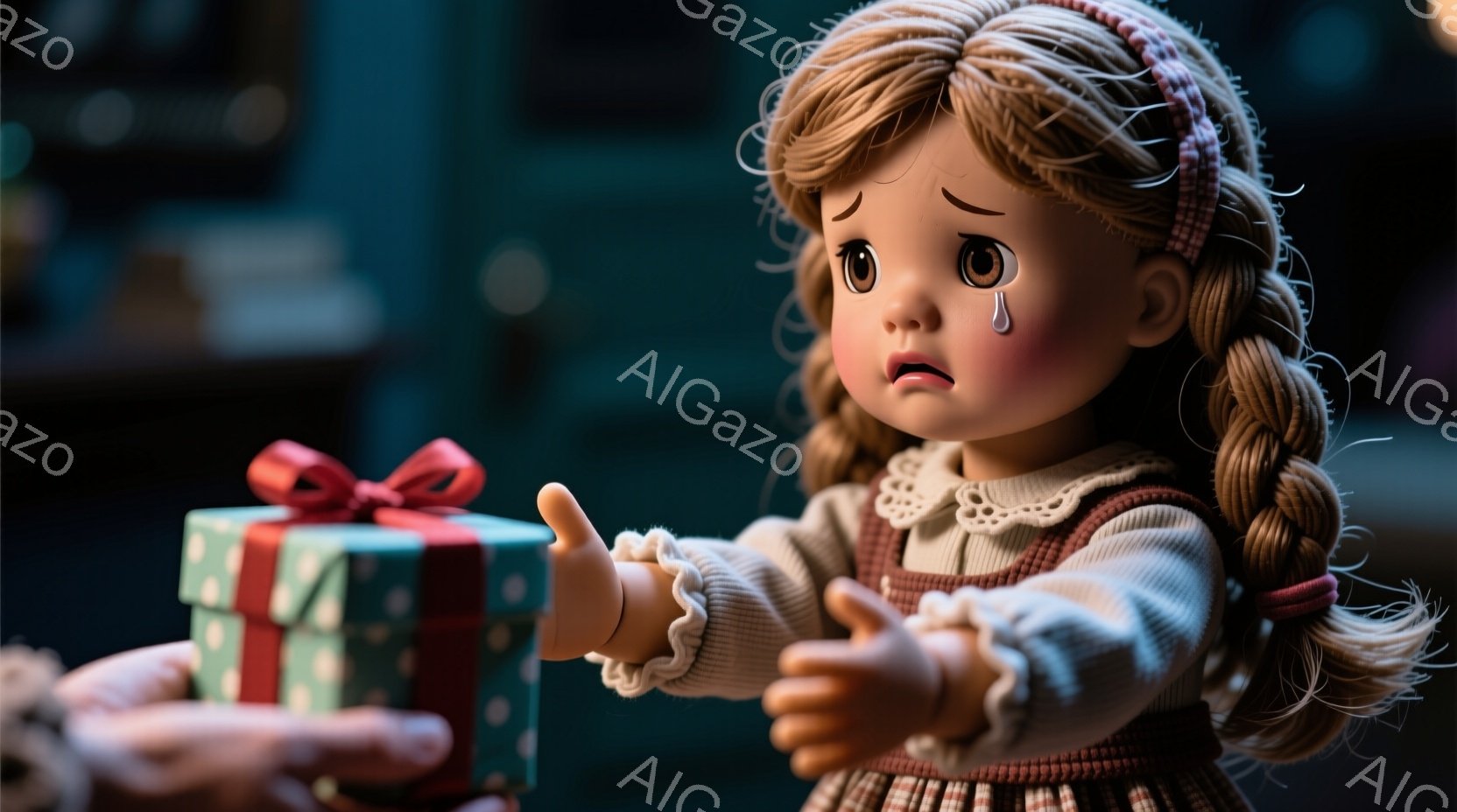 赤いリボンで結ばれた緑色のギフトボックスを受け取ろうとしている少女を描いています。彼女は明るい茶色の髪を二つに結び、涙を浮かべた悲しげな表情をしています。背景は暗く、ぼやけており、焦点は少女とギフトボックスに当てられています。