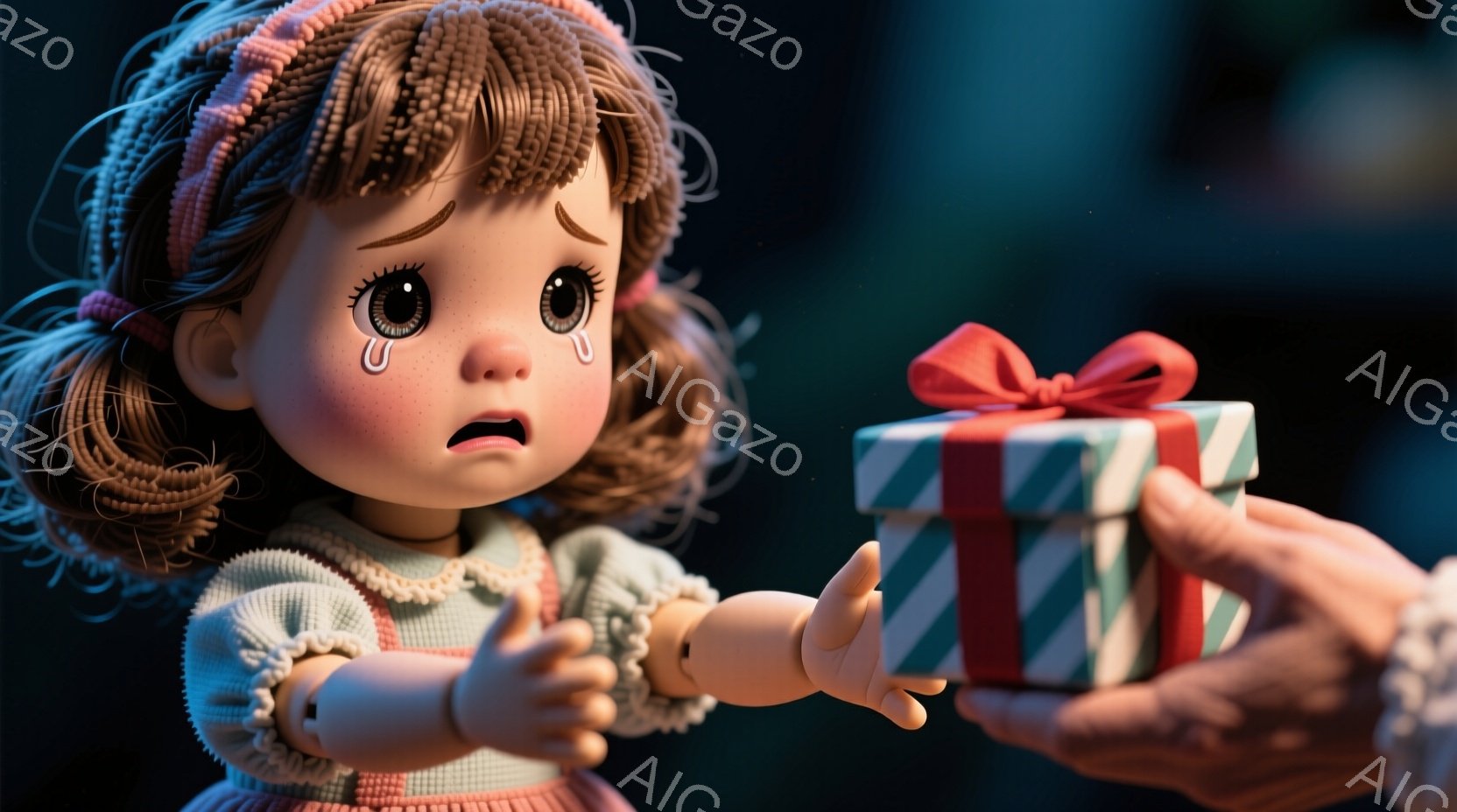 茶色の巻き毛の髪に赤いヘアバンドをつけた少女が、悲しそうな表情でプレゼントを受け取ろうとしています。薄いピンク色のフリル付きのワンピースを着ており、大きな瞳からは涙がこぼれています。背景は暗くぼやけており、プレゼントに焦点が当てられています。