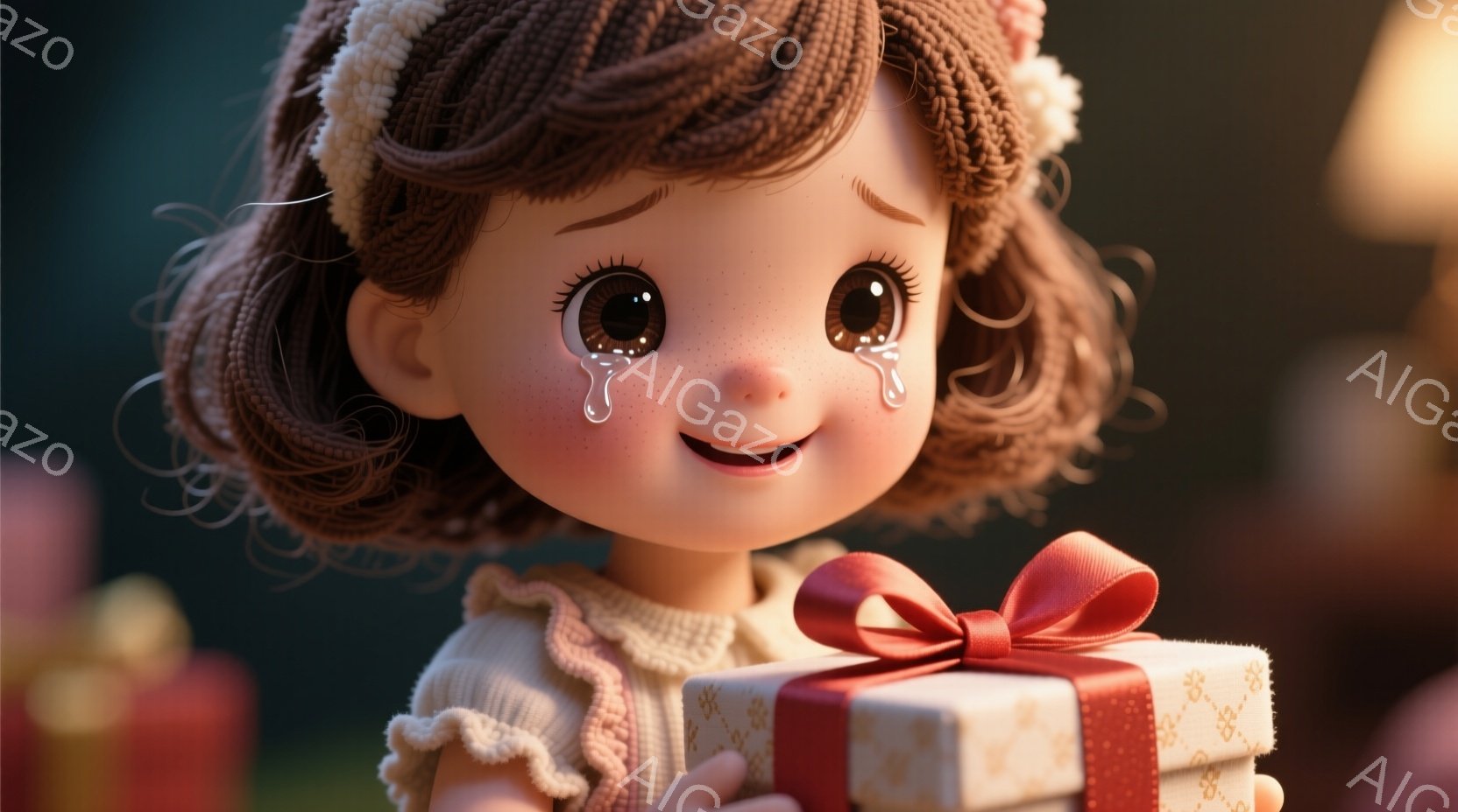 金髪の巻き毛に、白いセーターを着た幼い少女が描かれています。彼女は大きな瞳に涙を浮かべ、プレゼントの赤い箱を両手で抱きしめており、嬉しそうな表情をしています。背景はぼかされており、温かく、お祝いの雰囲気が漂っています。