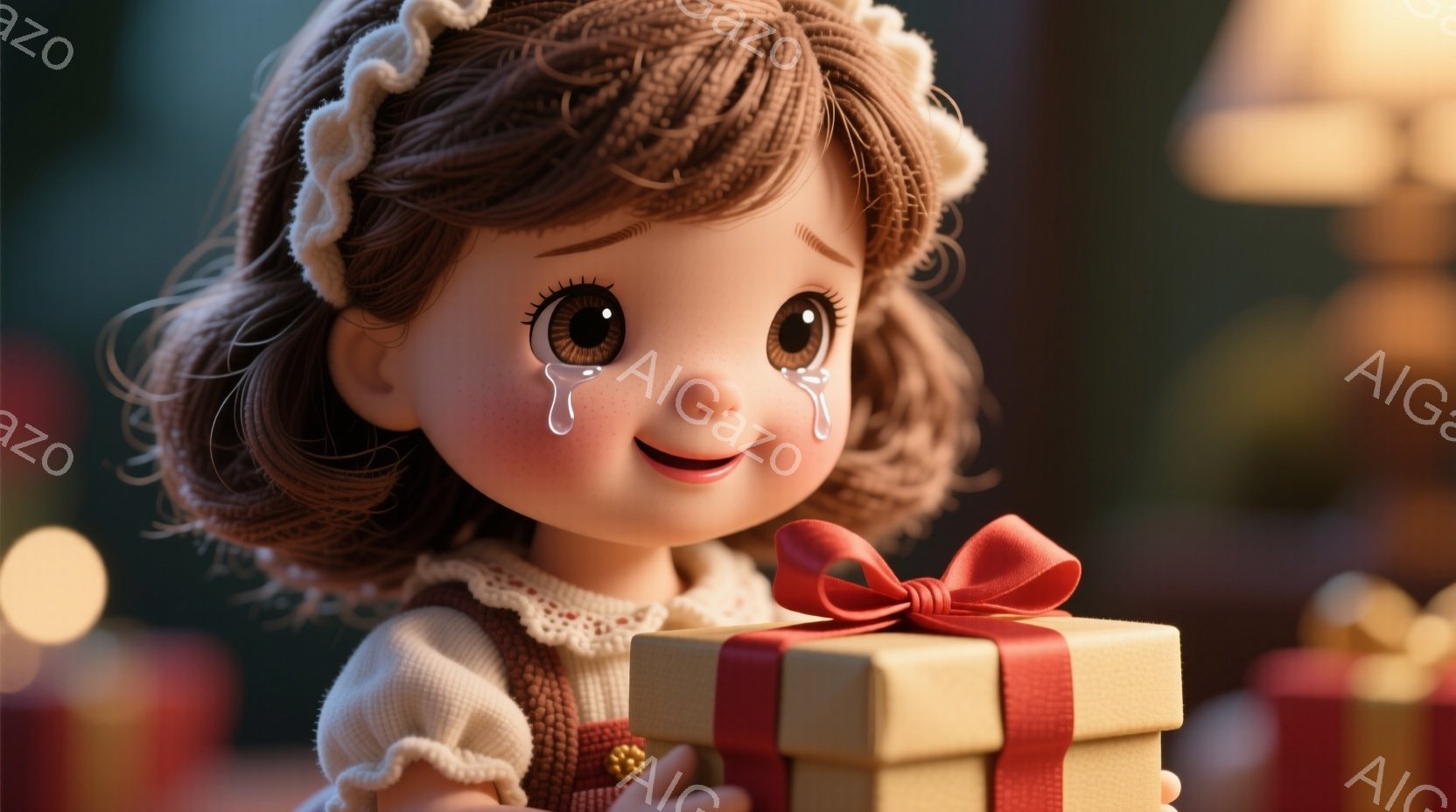 茶色の巻き毛の少女が、大きな瞳と涙を浮かべた表情でプレゼントボックスを抱えています。彼女はクリーム色のセーターとオーバーオールを着ており、頭には白いリボンをつけています。背景にはぼやけた光のぼんやりとした輪郭が見え、全体的に暖かく、感動的な雰囲気を醸し出しています。
