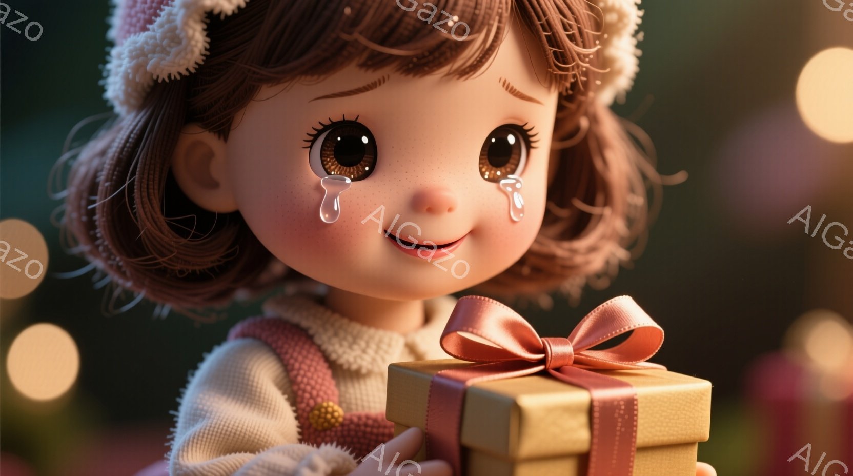 明るい笑顔を浮かべた幼い少女が、リボンのかかった小さなプレゼントを両手で抱えています。彼女はクリーム色のセーターとオーバーオールのような服を着ており、頭にはポンポン付きの帽子をかぶっています。背景にはぼやけた光のぼかしがあり、温かく、お祝いの雰囲気を醸し出しています。