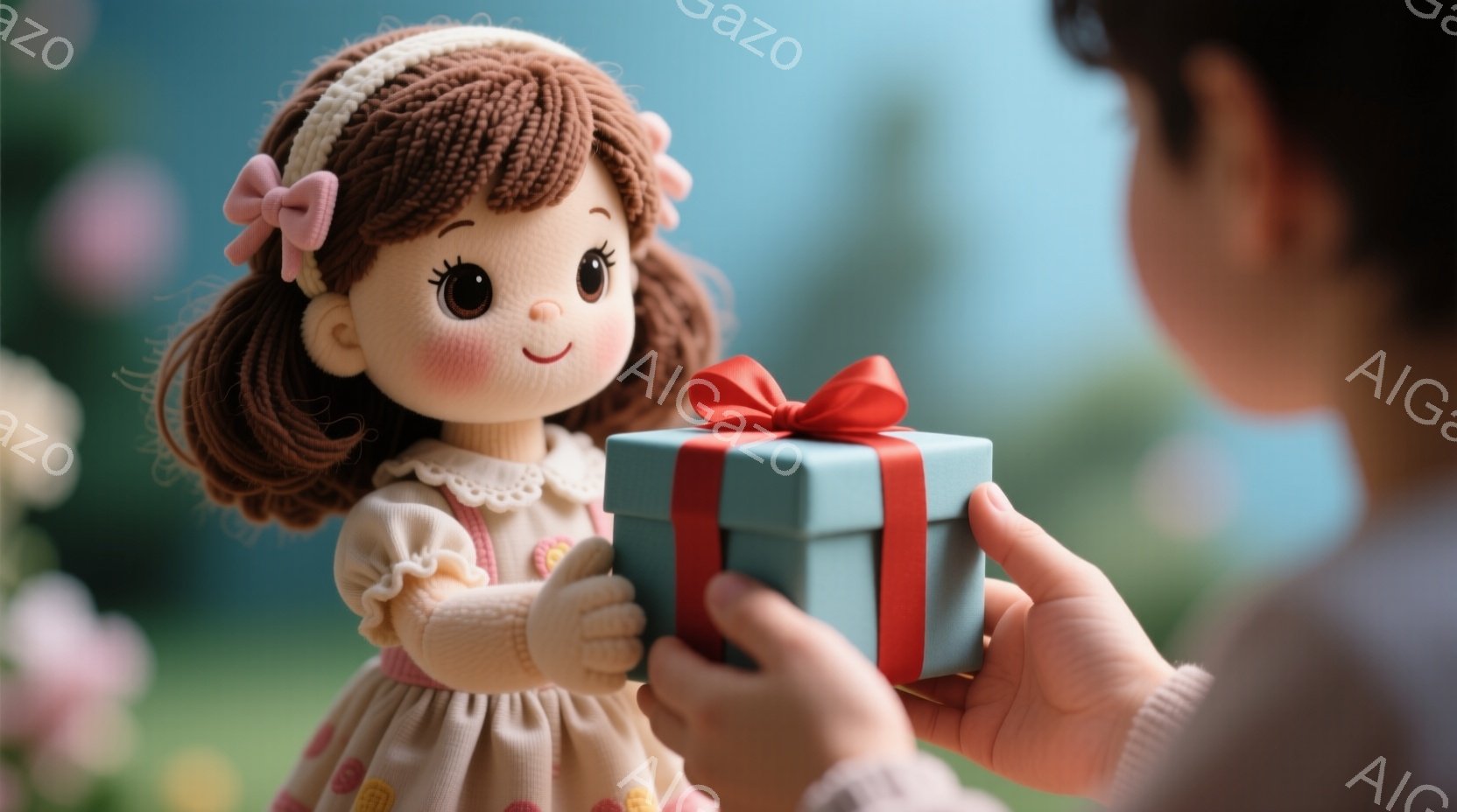 可愛らしい人形が、水色のリボンで結ばれた小さな箱を受け取ろうとしている場面です。人形は、水玉模様のクリーム色のワンピースと、頭に飾られたリボンが特徴で、大きな瞳と優しい表情をしています。背景には、ぼやけたピンク色の花々が咲き乱れ、暖かく穏やかな雰囲気を醸し出しています。
