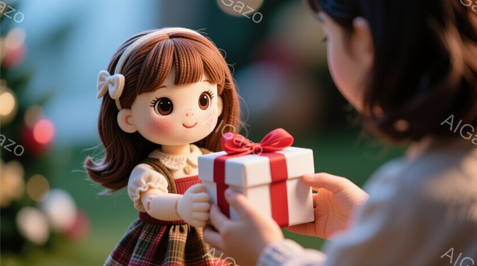 赤毛の巻き髪に白いリボンをつけた少女の人形が、チェック柄のワンピースとベストを着て、両手を前に出して何かを受け取ろうとしています。背景は緑豊かな芝生とぼやけた光のぼかしで、まるでクリスマスの飾り付けの - AI生成フリー素材