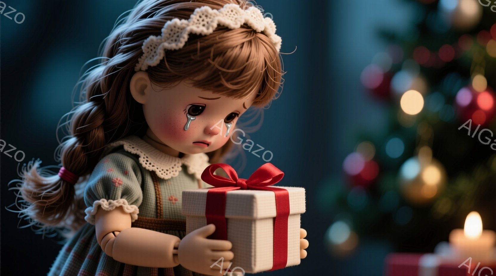 茶色の巻き毛に白いレースのボンネットを被った少女が、白い箱型のプレゼントを両手で抱えています。彼女は涙を浮かべ、悲しげな表情をしています。背景にはぼやけたクリスマスツリーと、暖かく柔らかな光が灯っており、どこか物悲しい雰囲気を醸し出しています。
