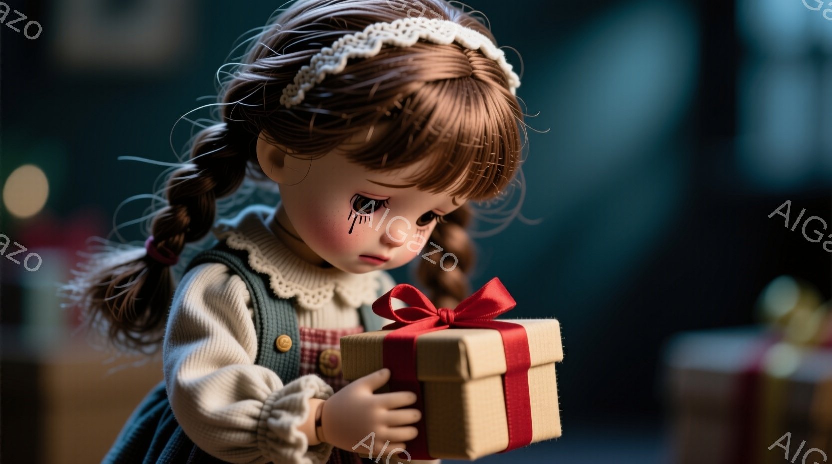 茶色の巻き毛の髪型で、頭に白いリボンを付けた少女の人形が描かれています。彼女は緑色のオーバーオールを着ており、頬には涙のように見える模様があり、小さなプレゼントの箱を両手で抱えています。背景は暗く、ぼやけており、プレゼントの箱がいくつか見え、全体的に悲しげで物憂げな雰囲気を醸し出しています。