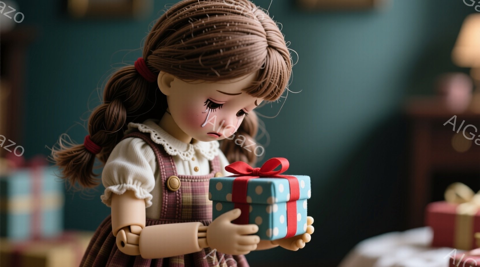 茶色の巻き毛の髪をポニーテールにした少女が、赤と青のストライプの赤いリボンが付いたプレゼントの箱を両手で抱えています。彼女はクリーム色のフリル付きのブラウスとチェック柄のオーバーオールを着ており、目に涙を浮かべて悲しそうな表情をしています。背景には他のプレゼントの箱がぼやけて見え、全体的に切ない、メランコリックな雰囲気が漂っています。