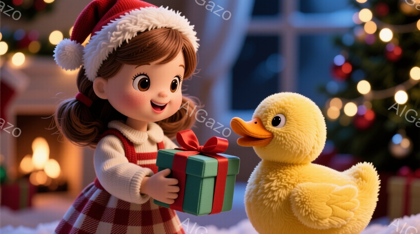明るい赤と白のチェック柄のドレスを着た女の子が、緑色のリボンで結ばれたプレゼントを抱えています。彼女は巻き毛の茶髪で、赤いサンタ帽を被り、嬉しそうな表情で黄色いアヒルのぬいぐるみを見つめています。背景にはぼやけたクリスマスツリーと暖炉の光が見え、雪が降る温かく幻想的な雰囲気を作り出しています。