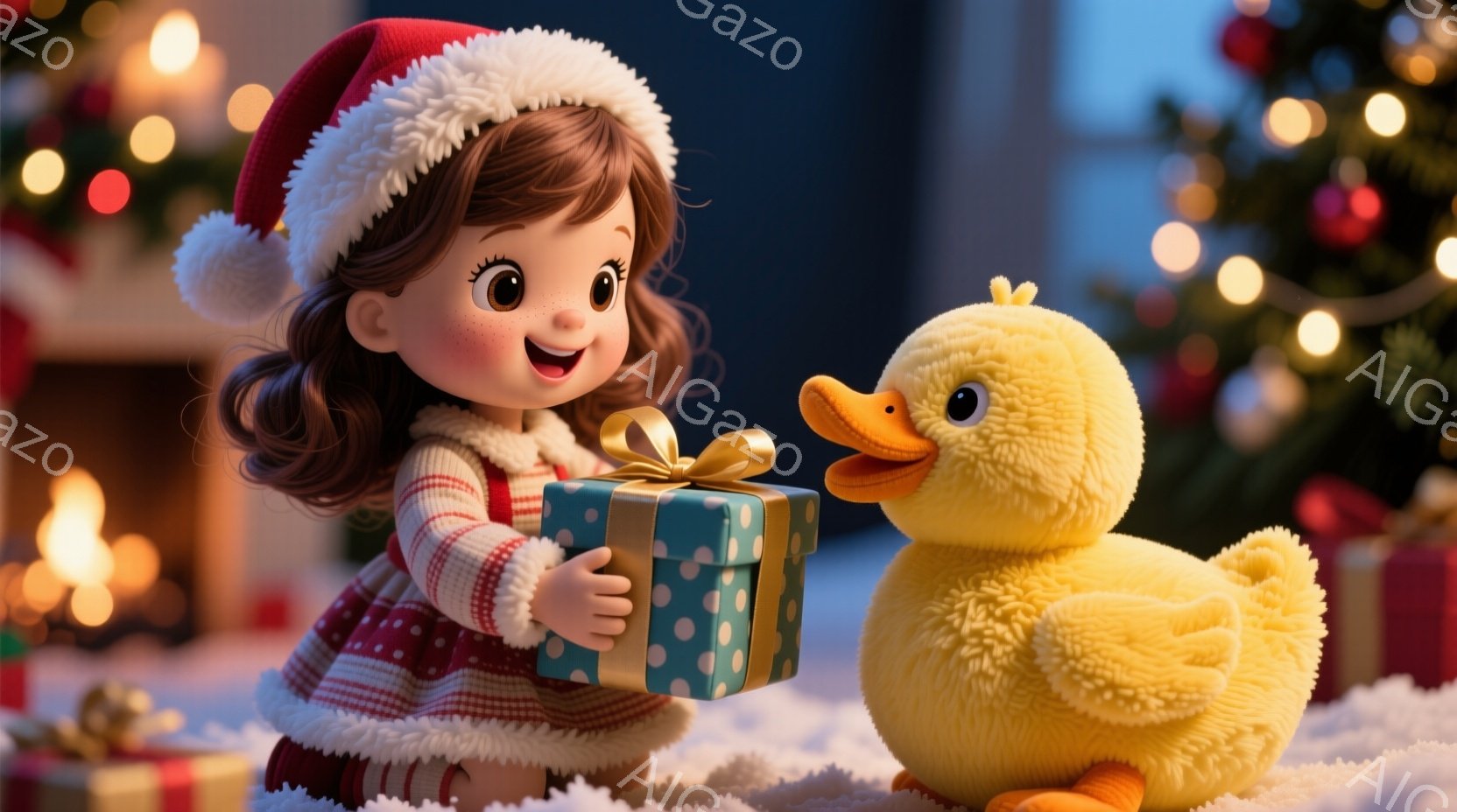 赤いサンタの帽子をかぶった、巻き毛の少女が、青いリボンで結ばれたプレゼントの箱を抱えています。彼女はピンク色の頬と輝く目で、柔らかく優しい表情をしています。背景には、ぼやけたクリスマスツリーやプレゼン - AI生成フリー素材