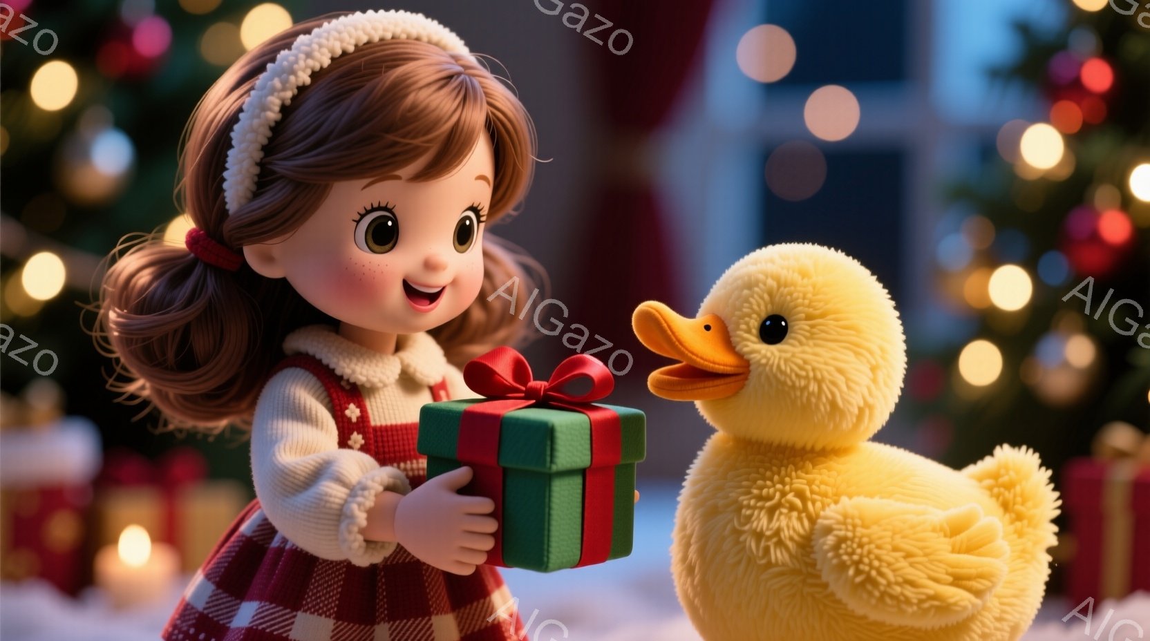明るい赤と白のチェック柄のドレスを着た少女が、緑色のリボンで結ばれたプレゼントを抱えています。彼女は巻き毛の茶髪で、頭には白いヘッドバンドをつけており、笑顔でプレゼントを差し出しているように見えます。 - AI生成フリー素材