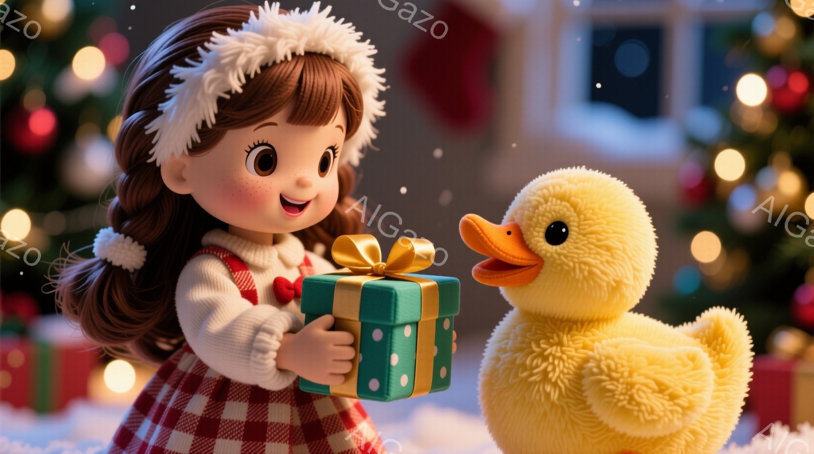 金髪の少女は赤いチェック柄のワンピースと白いポンポンのついた帽子を身につけ、緑色のリボンで結ばれたプレゼントを両手で抱えています。彼女は笑顔でプレゼントを見つめ、愛らしい表情をしています。背景にはぼやけたクリスマスツリーの光と雪が舞っており、温かくお祝いの雰囲気です。