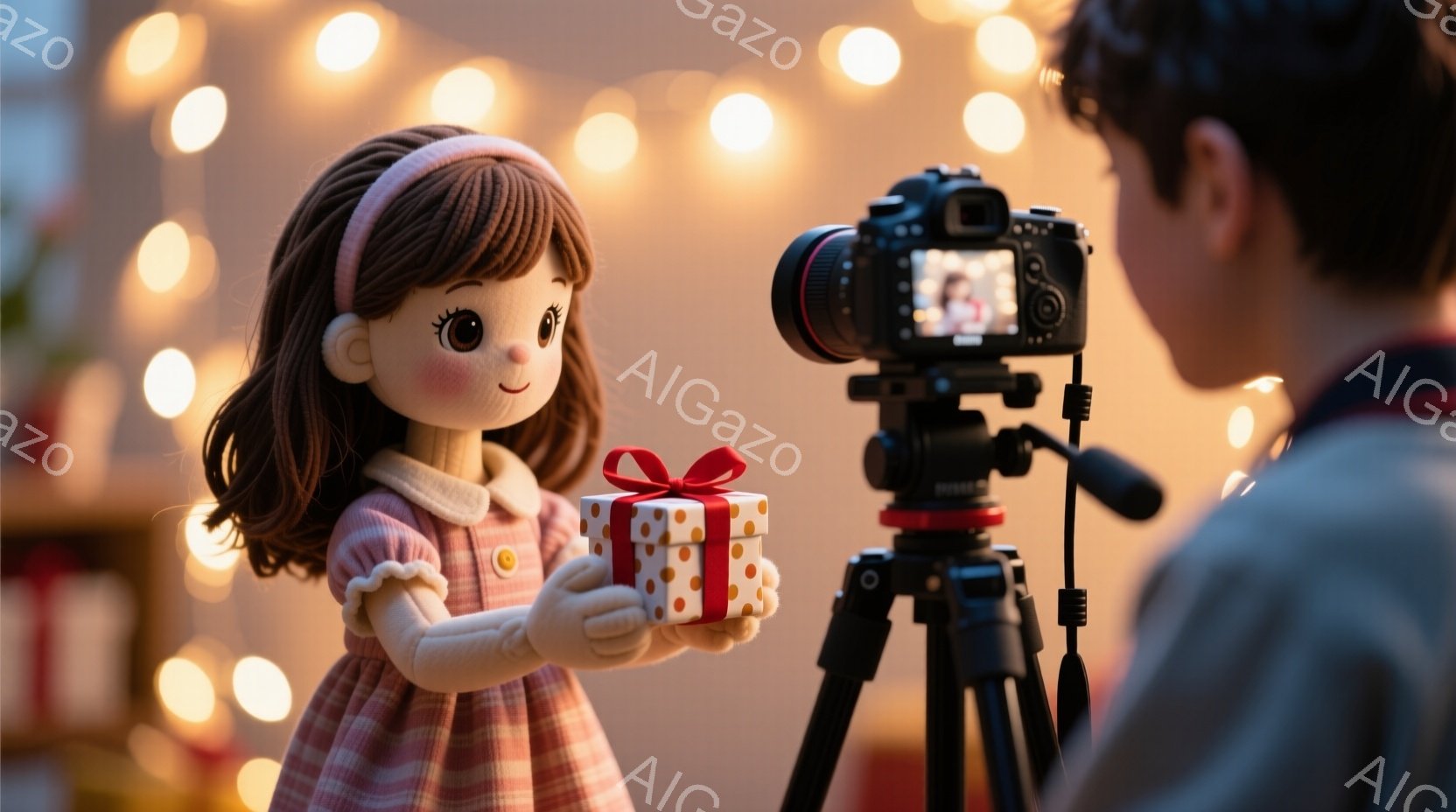 少女は赤と白のギンガムチェックのワンピースと、頭にピンク色のヘッドバンドをつけています。彼女は両手で小さな赤いリボンが付いたギフトボックスを持って微笑んでいます。背景にはぼやけた電飾があり、プロのカメラが少女を撮影している様子が伺えます。