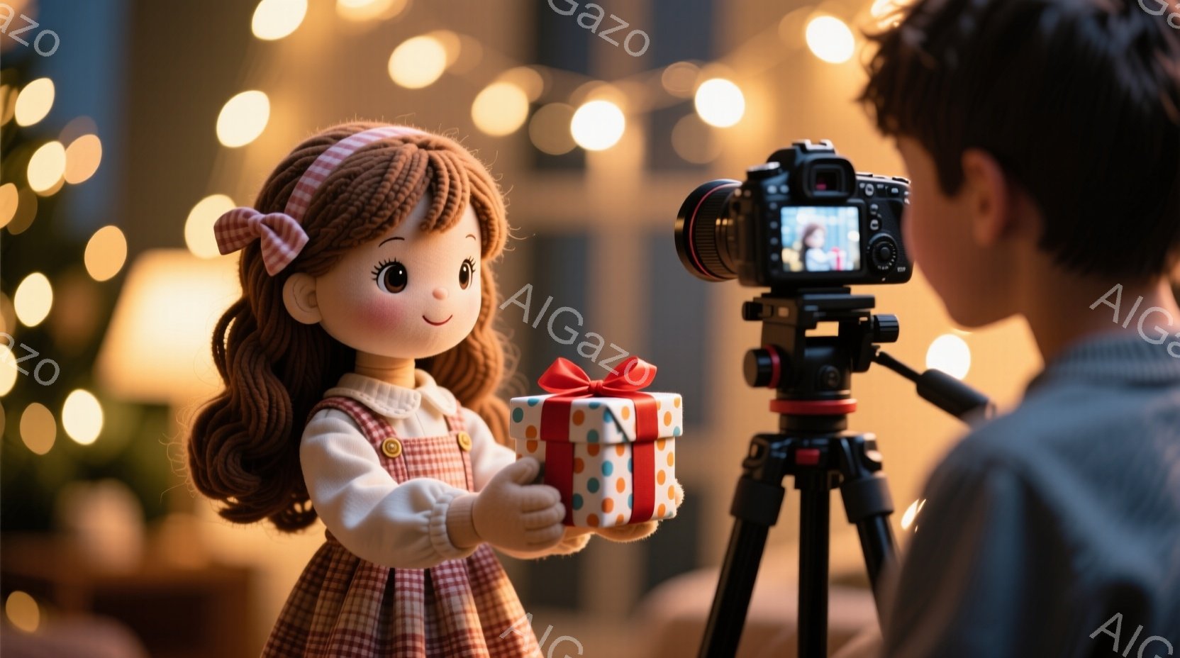 可愛らしい人形が赤いリボンをつけたプレゼントを両手で抱え、カメラに向かって差し出している。人形は明るい赤色の水玉模様のワンピースに、茶色の巻き毛の髪型で、優しい表情をしている。背景にはぼやけた光の玉が散りばめられ、カメラと三脚が配置されており、温かくお祝いムードに満ちた雰囲気である。