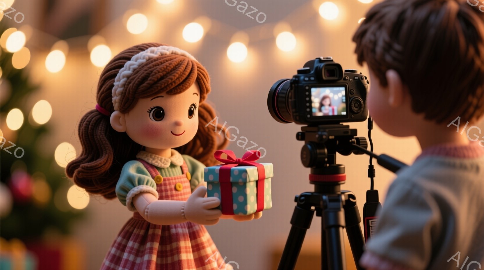 明るい赤い髪をカールさせた女の子がおもちゃのプレゼントを抱えています。彼女はピンク色のギンガムチェックのドレスと、パステルグリーンの袖が特徴です。背景にはぼやけたクリスマスツリーと輝く電飾があり、暖かいお祝いの雰囲気が漂っています。