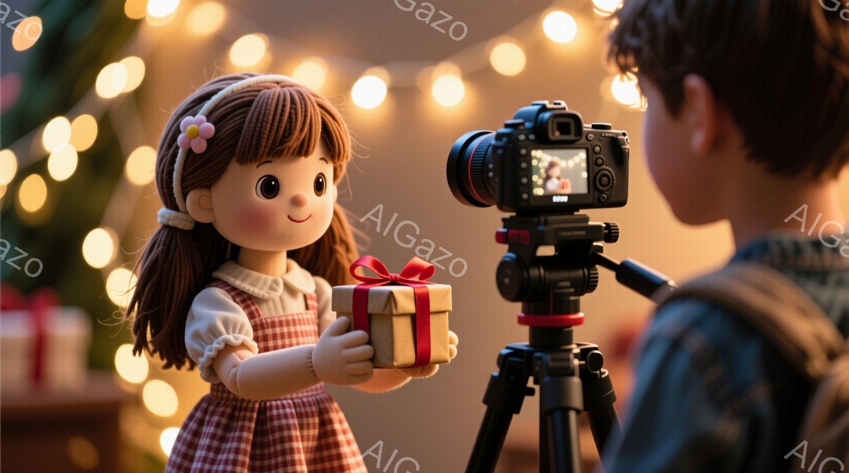 人形は赤いギンガムチェックのワンピースに、可愛らしいリボンで髪を結んでいます。人形は両手に赤いリボンで飾られたプレゼントを抱え、笑顔で正面を見ています。背景にはぼやけたクリスマスライトがあり、全体的に温かく、お祝いムードに満ちた雰囲気です。