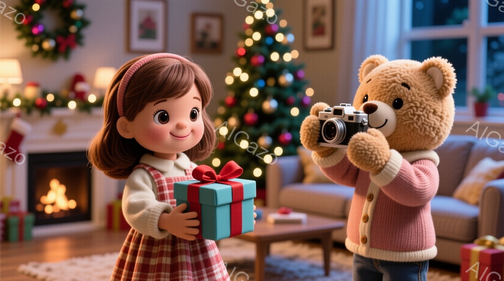 明るいリビングルームで、少女は赤いチェック柄のワンピースと白いヘッドバンドを身につけ、リボンのかかったプレゼントの箱を抱きしめています。彼女の対面には、セーターを着た大きなテディベアがカメラを持っており、まるで彼女の写真を撮ろうとしているようです。背景にはクリスマスツリー、暖炉、そしてプレゼントの箱が散らばっており、温かく幸せなクリスマスの雰囲気が漂っています。