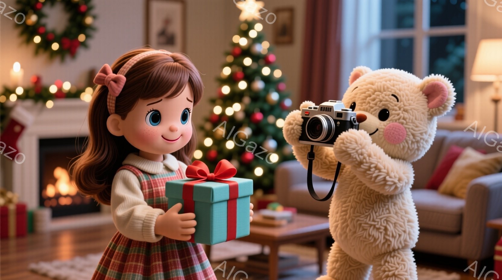 少女は赤いチェック柄のワンピースを着ており、茶色の髪にリボンをつけています。彼女はターコイズブルーのプレゼントの箱を持って微笑んでいます。背景にはクリスマスツリー、暖炉、ソファがあり、温かく心地よい祝 - AI生成フリー素材