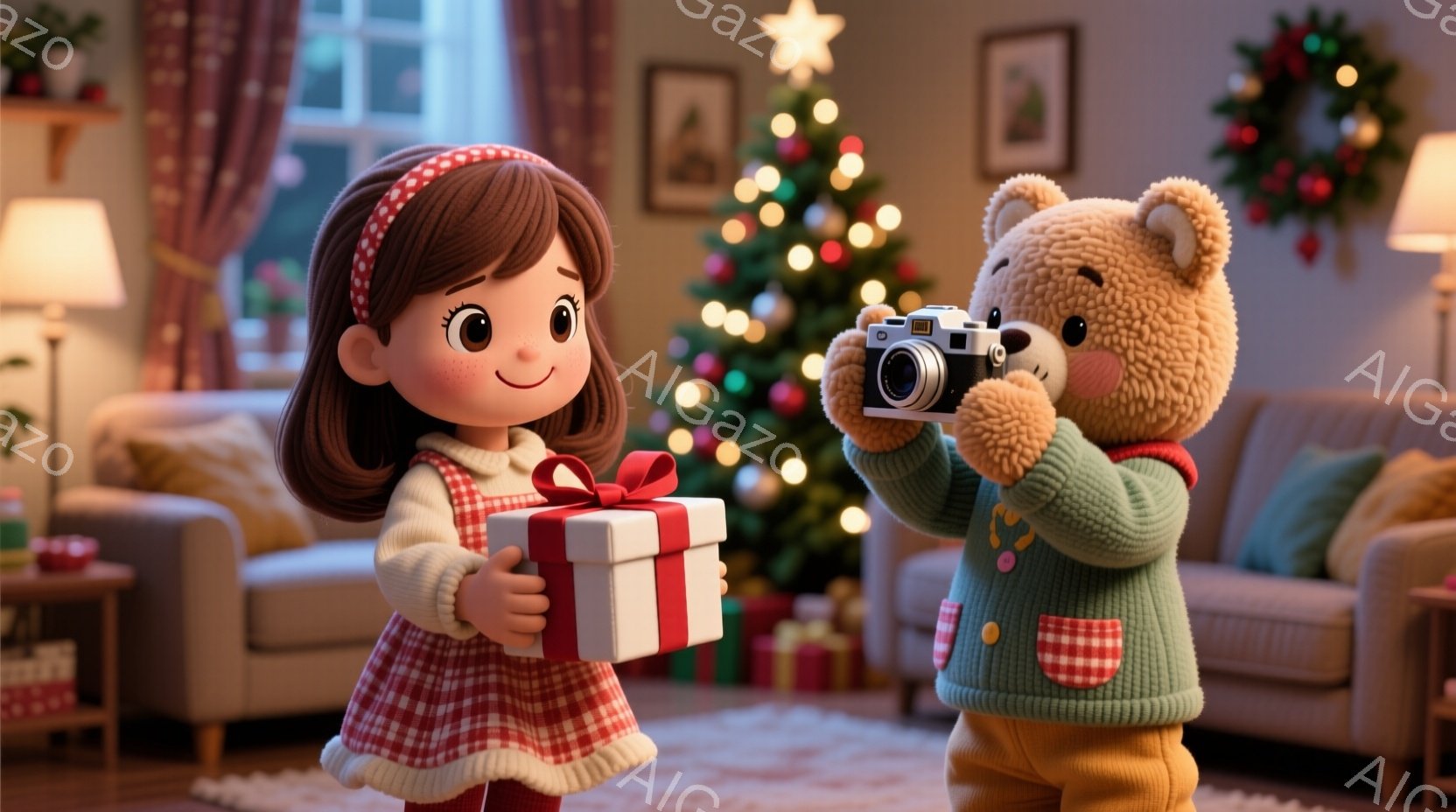 赤毛の少女は赤いリボンをつけており、赤い縁取りのあるチェックのワンピースを着ています。彼女は両手でプレゼントの箱を抱きしめ、嬉しそうな表情をしています。背景にはクリスマスツリーが飾られた居間があり、テディベアがカメラを持って少女を撮影しようとしています。