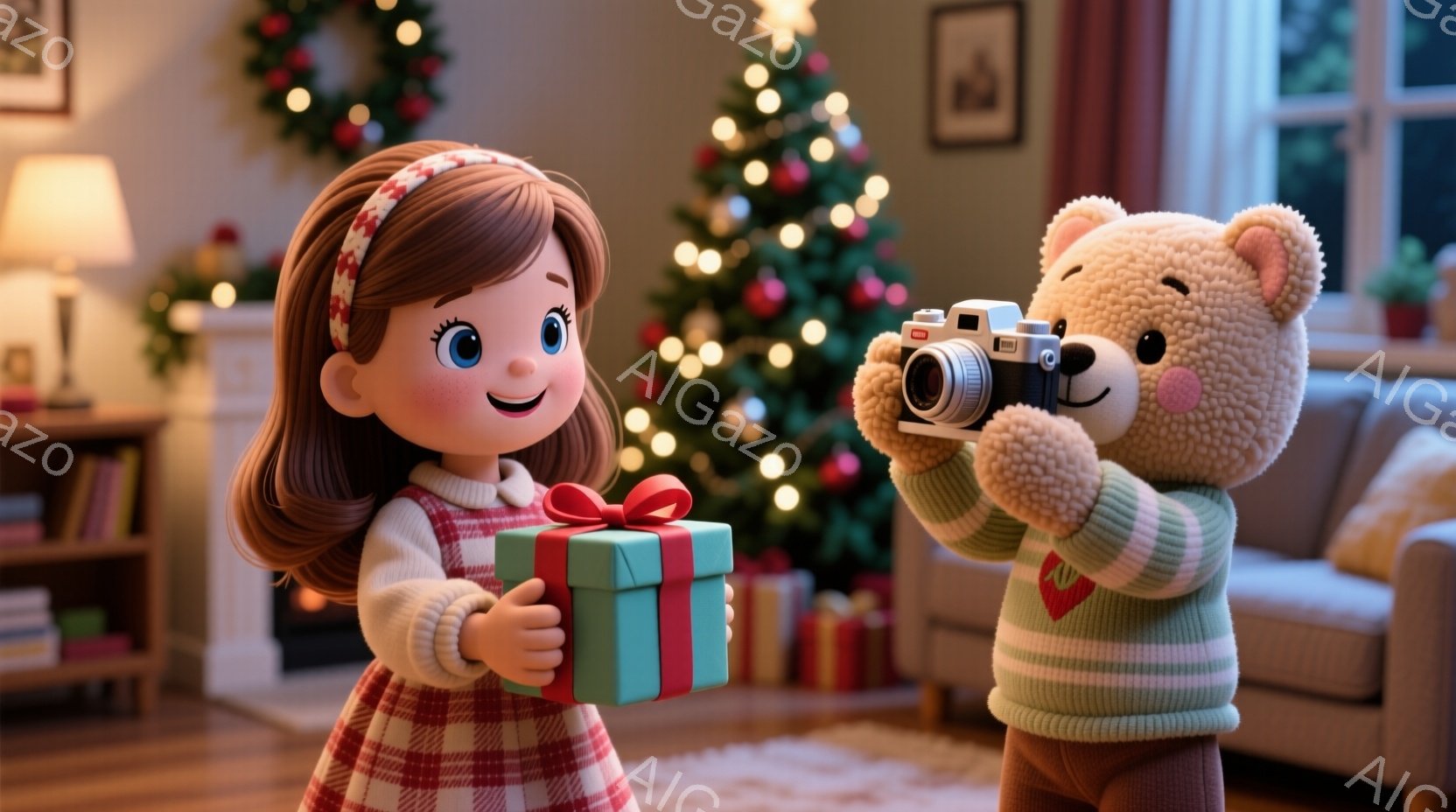 少女は赤いチェック柄のワンピースに、頭にはリボンをつけています。彼女は緑色のリボンで結ばれたプレゼントを抱え、微笑んでいます。背景にはクリスマスツリーやソファがあり、暖かく、お祝いムードに満ちた室内が描かれています。