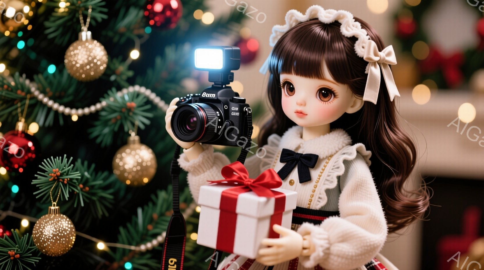 黒いカメラを首から下げ、赤いリボンが付いた白いプレゼントボックスを抱える人形を示しています。人形は巻き毛の茶色の髪と可愛らしい表情で、白いセーターとチェックのスカートを着ています。背景にはクリスマスツリーと、ぼんやりとしたクリスマスオーナメントがあり、全体的に暖かく、お祝いの雰囲気です。