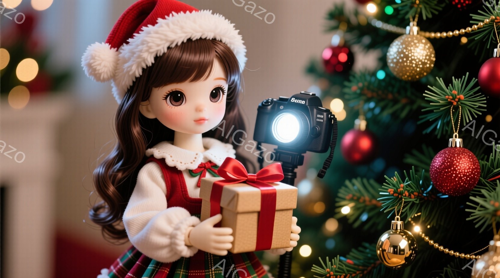 長い茶色の巻き毛をした少女が、赤いサンタ帽を被り、緑と赤のチェック柄のワンピースを着ています。彼女は両手にプレゼントの箱を持ち、明るい笑顔を浮かべています。背景にはクリスマスツリーが飾られ、赤い、金色のオーナメントで華やかです。