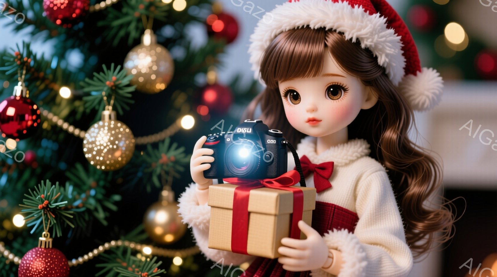 茶色の巻き毛の少女が白いセーターと赤いサンタ帽を身に着け、カメラとプレゼントの箱を抱えています。彼女は大きな瞳で微笑み、やや上目遣いをしているのが特徴です。背景にはクリスマスツリーが飾られ、キラキラと輝くオーナメントと電飾が暖かく、お祝いムードを演出しています。