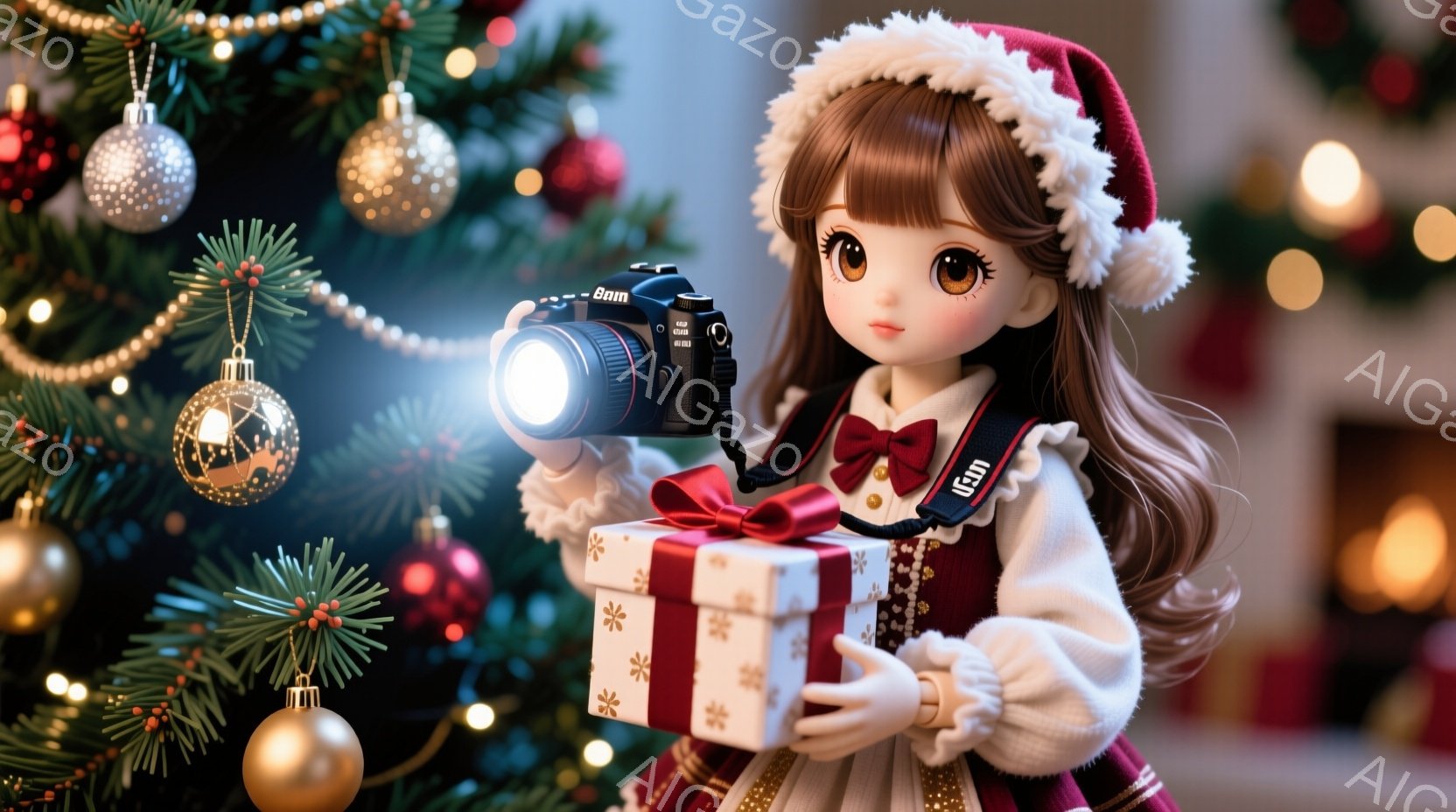 茶色の巻き毛の少女が赤いサンタ帽をかぶり、クリーム色のワンピースと赤いリボンで飾られたスカートを身につけています。彼女は片手にプレゼントボックスを持ち、もう片手にはカメラを首から下げています。背景には、オーナメントで飾られたクリスマスツリーが輝き、温かく幻想的な祝祭の雰囲気を醸し出しています。