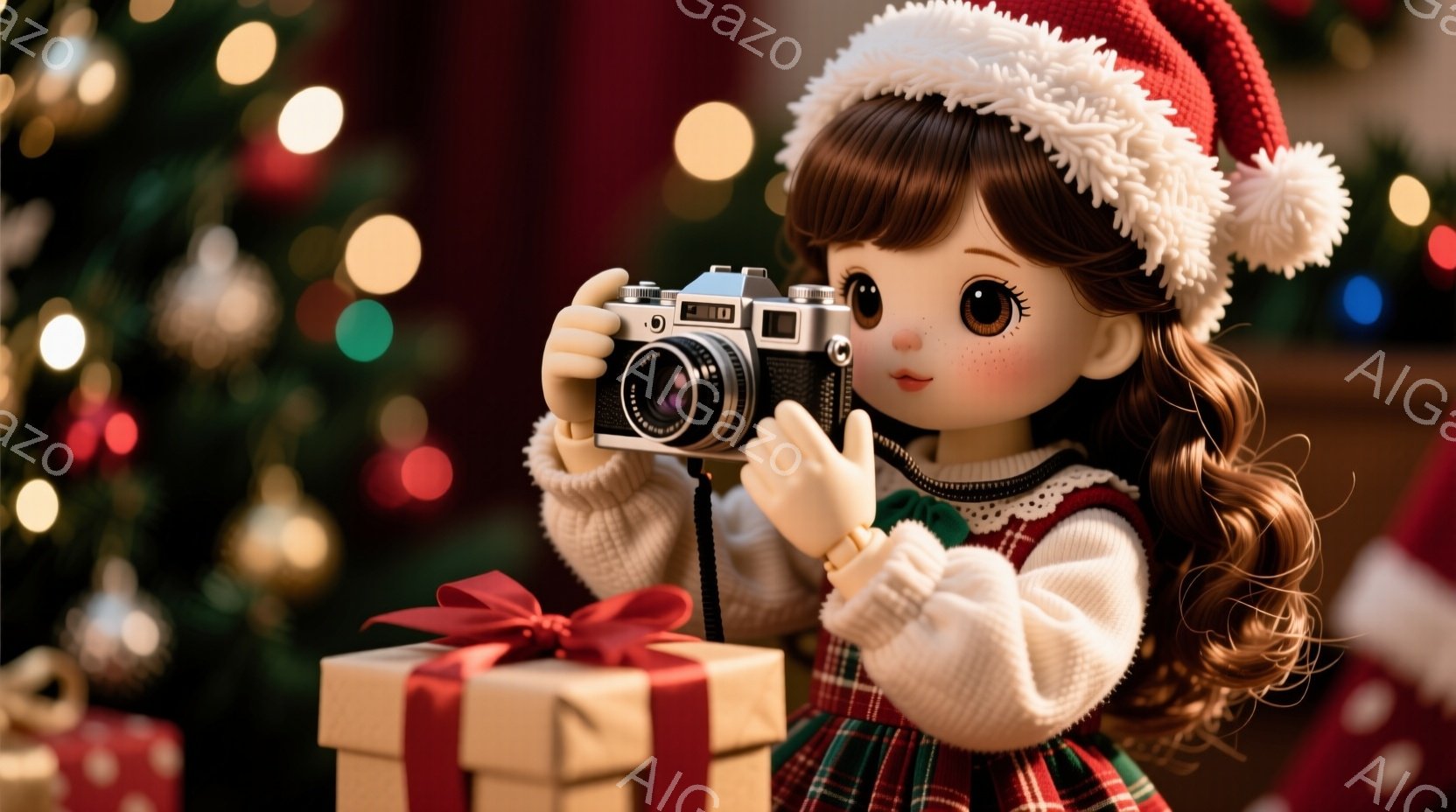 赤いサンタの帽子をかぶった少女が、プレゼントの箱の前に立ってカメラを構えています。彼女は緑と赤のチェック柄のワンピースに白いセーターを着ており、茶色の巻き毛が特徴的です。背景にはぼやけたクリスマスツリ - AI生成フリー素材