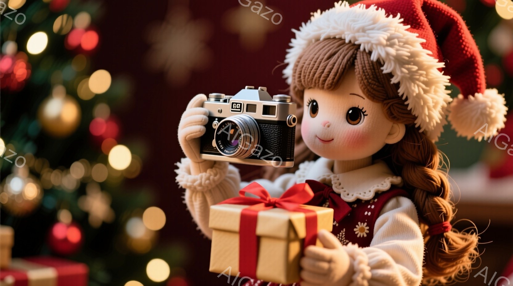 可愛らしい少女が赤いサンタの帽子を被り、赤いワンピースと白いフリル襟の服を着ています。彼女はクラシックな銀色のカメラを手に持ち、プレゼントの箱を抱きかかえて微笑んでいます。背景にはぼやけたクリスマスツリーの光があり、全体的に温かく、お祝いムードに満ちた雰囲気です。