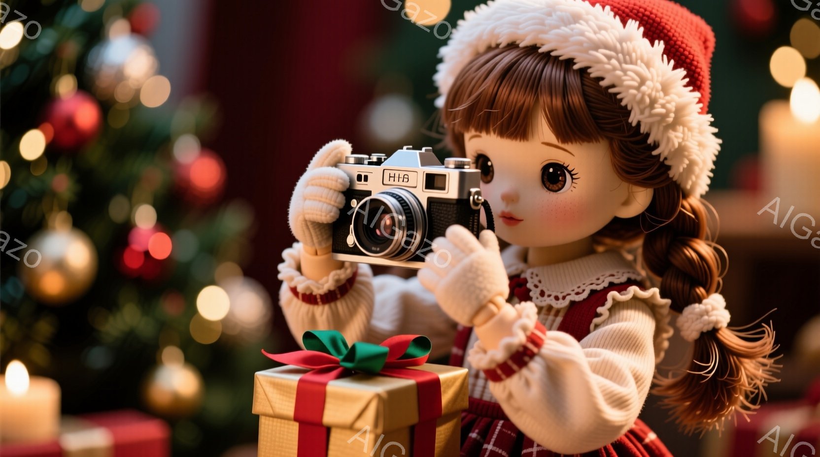 クリスマスツリーの前で、赤い帽子とセーターを着た女の子が、プレゼントの箱を前にカメラで写真を撮っています。彼女は明るい笑顔で、茶色の髪は2つの三つ編みに結ばれています。背景にはぼやけたクリスマスツリー - AI生成フリー素材
