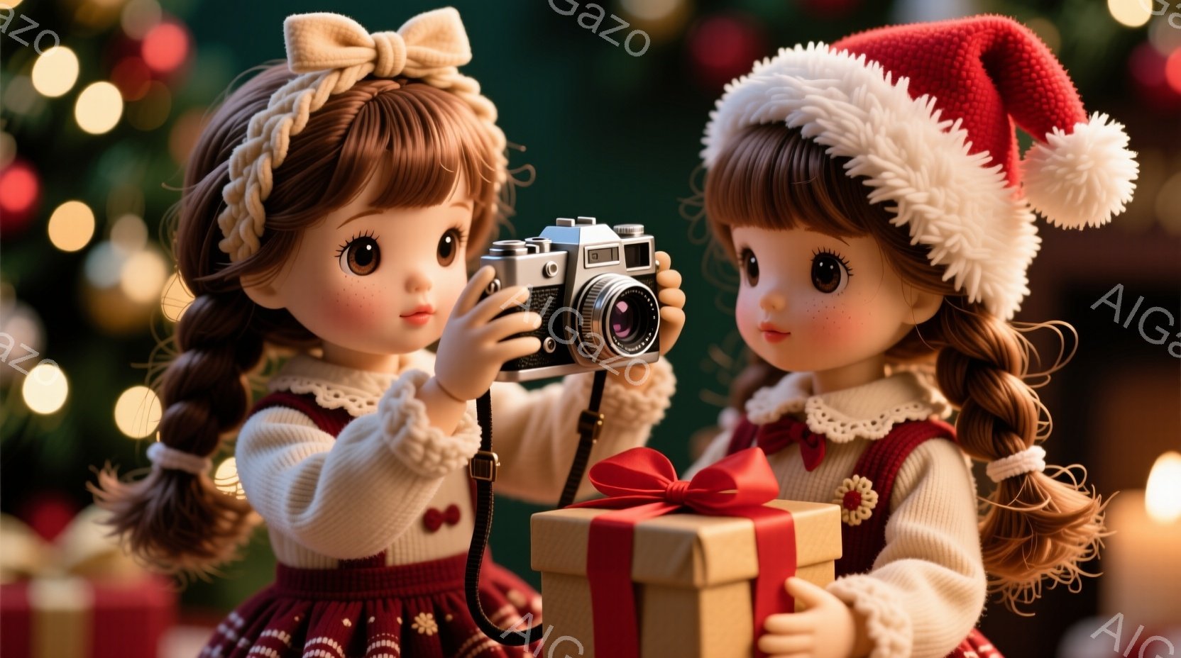 2人の可愛らしい女の子がクリスマスをテーマにした背景を前に立っています。片方の女の子は赤いサンタ帽をかぶり、プレゼントの箱を抱き、もう片方の女の子はカメラを持って撮影しています。背景にはぼやけたクリスマスツリーの光と暖かな照明があり、全体的に温かく、お祝いの雰囲気です。