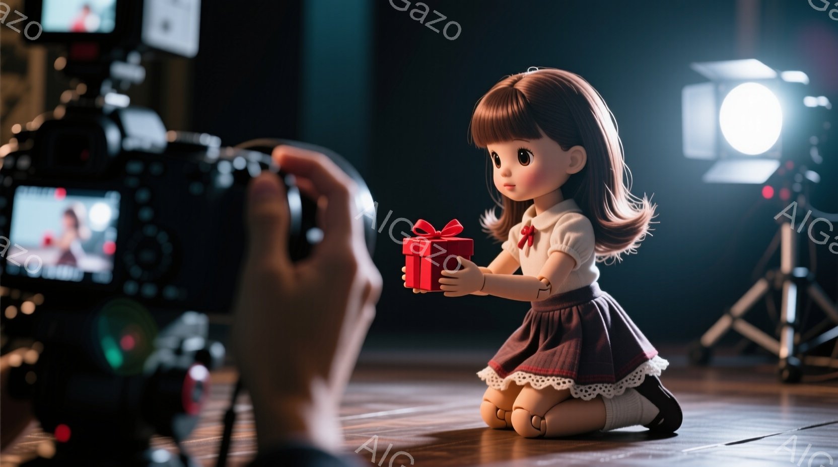 茶髪の巻き髪の少女が、赤いリボンが付いたワンピースを着て、膝をついて赤いプレゼントの箱を両手で差し出している。背景には撮影機材が並び、プロの撮影現場のようである。全体的に温かく、可愛らしい雰囲気が漂っ - AI生成フリー素材