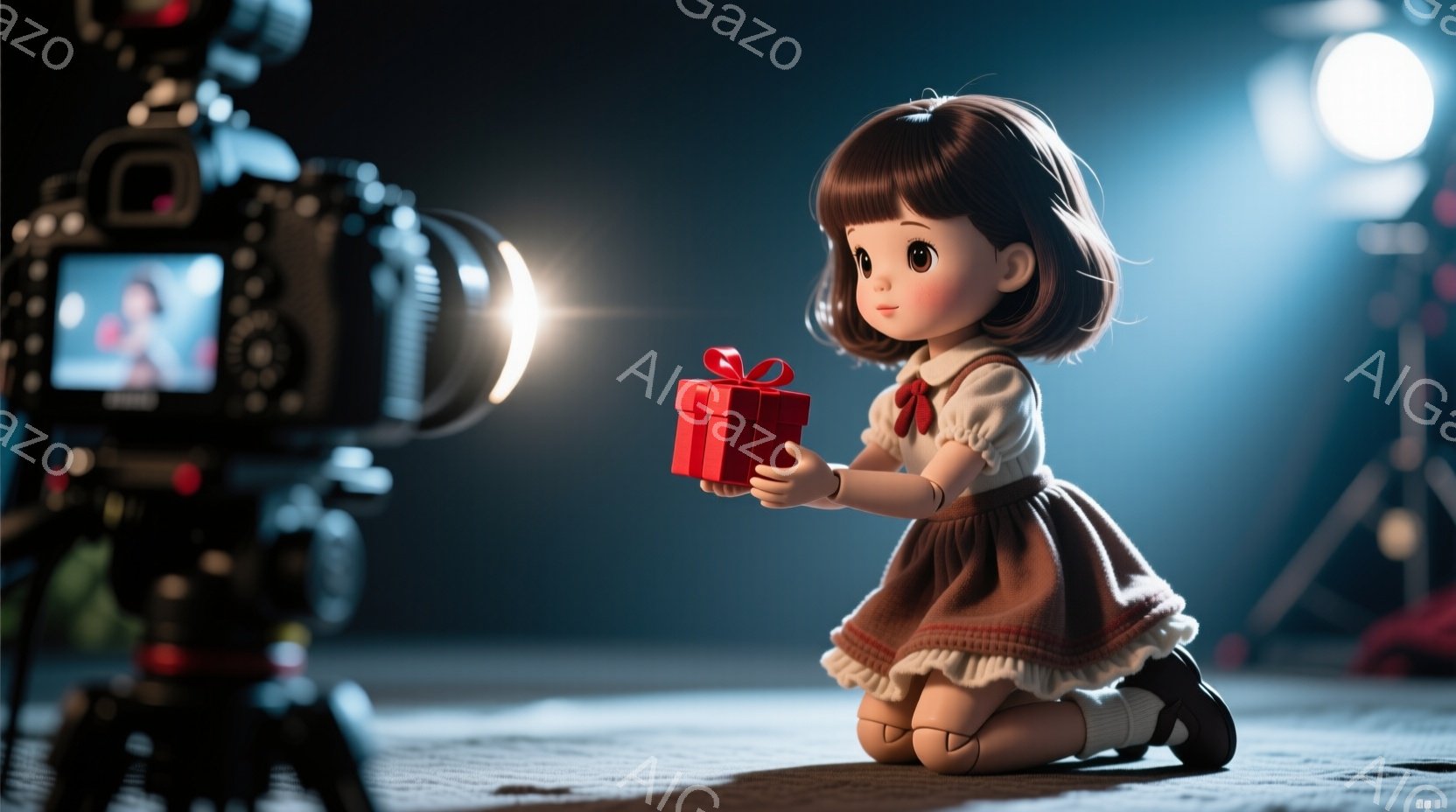 茶色の短い巻き毛の少女が、膝をついて赤いギフトボックスを持っています。彼女は茶色のワンピースと白い襟付きのブラウスを着ており、表情は穏やかで少し内気です。背景には映画撮影機材が見え、スタジオのような暗い空間でスポットライトが当たっています。