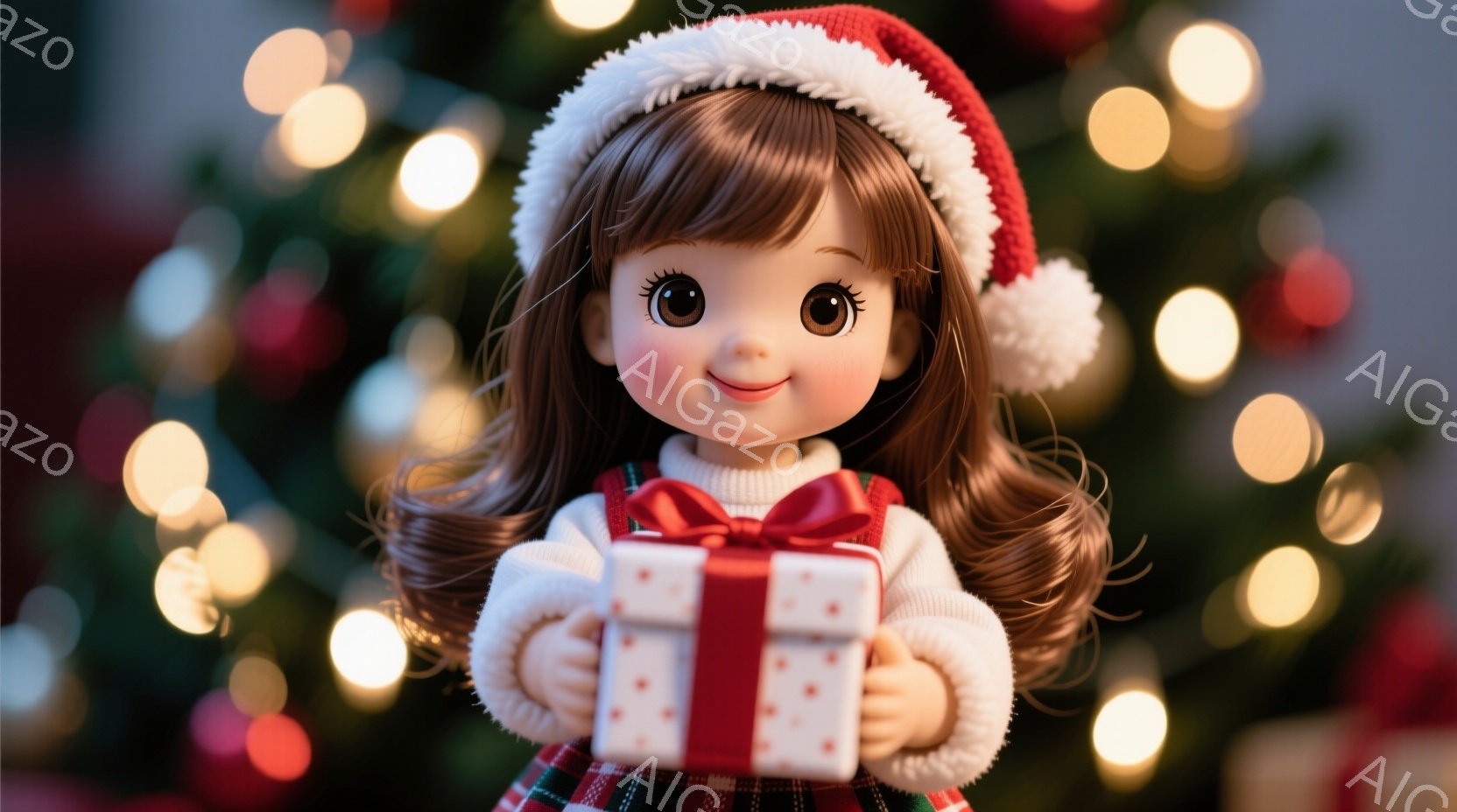茶色の巻き髪にサンタ帽をかぶった少女が、赤いリボンで結ばれたプレゼントを両手で抱えています。赤いチェック柄のセーターを着ており、表情は明るく笑顔で、可愛らしい印象を与えます。背景はぼやけたクリスマスツリーの光で、温かく幻想的な雰囲気が漂っています。